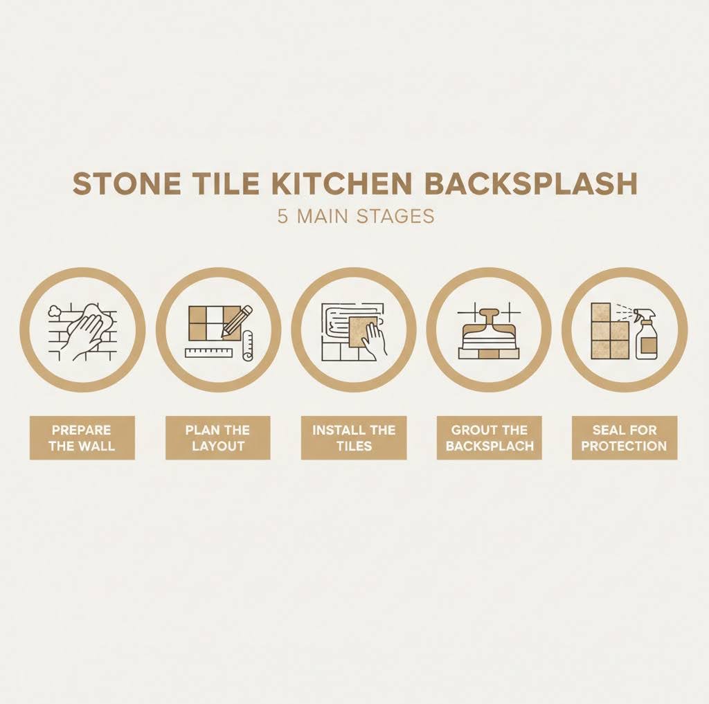 Infographic showing the 5 main stages of installing a stone tile kitchen backsplash: Prepare the Wall, Plan the Layout, Install the Tiles, Grout the Backsplash, and Seal for Protection - how to install stone tile backsplash in kitchen infographic