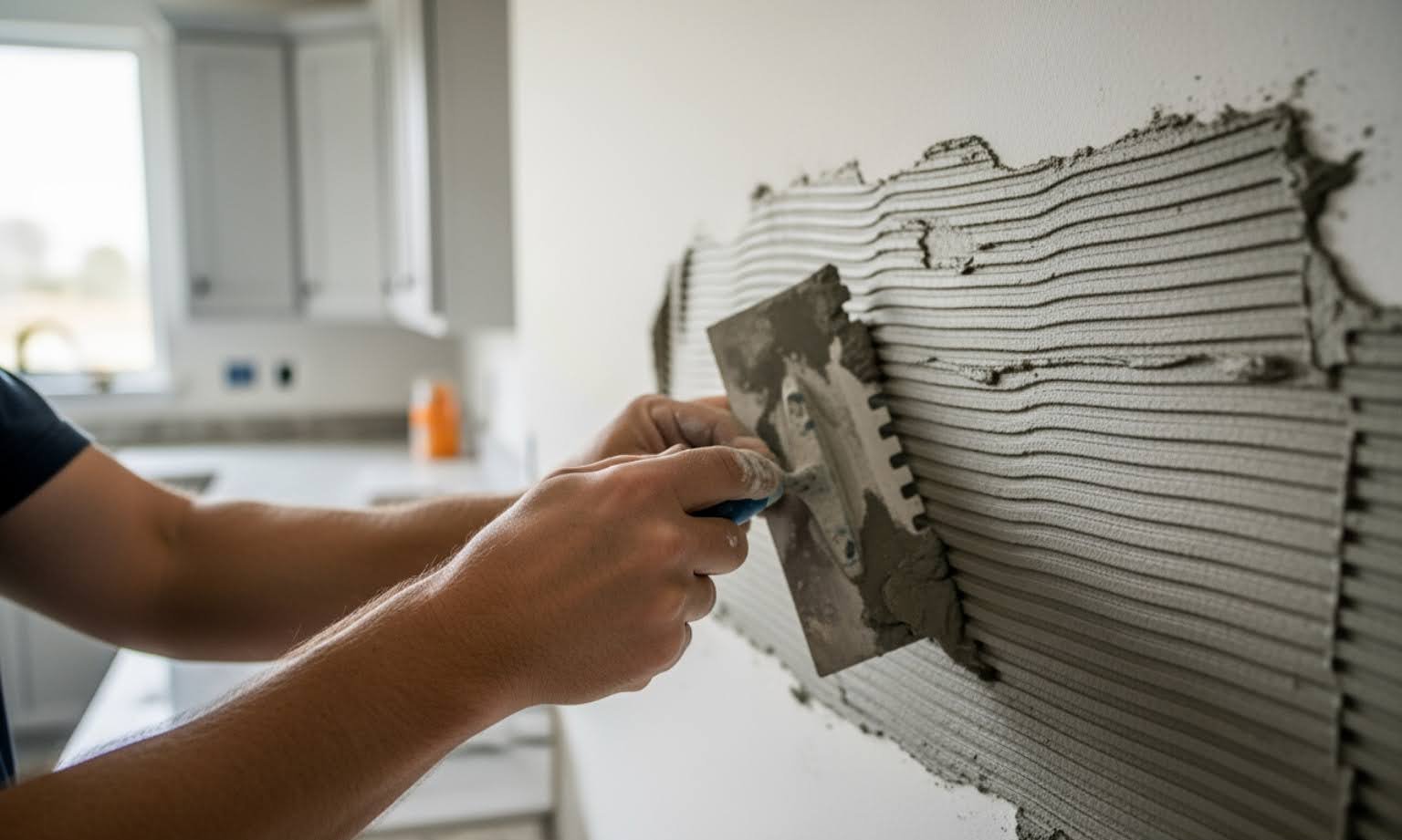 person applying thin-set mortar to a wall with a notched trowel - how to install stone tile backsplash in kitchen
