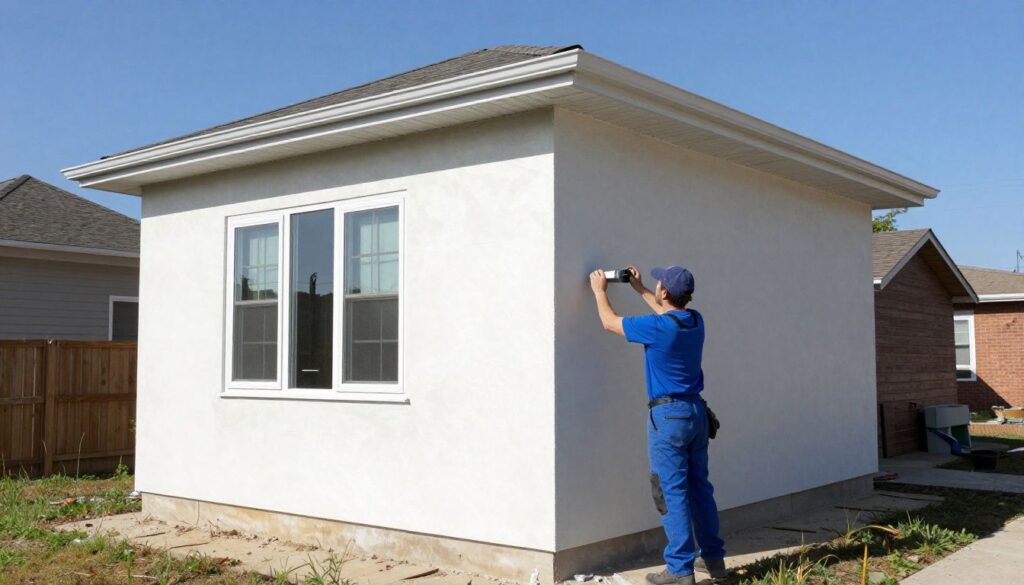 A professional stucco contractor inspecting the exterior wall of a residential home in the Chicago suburbs