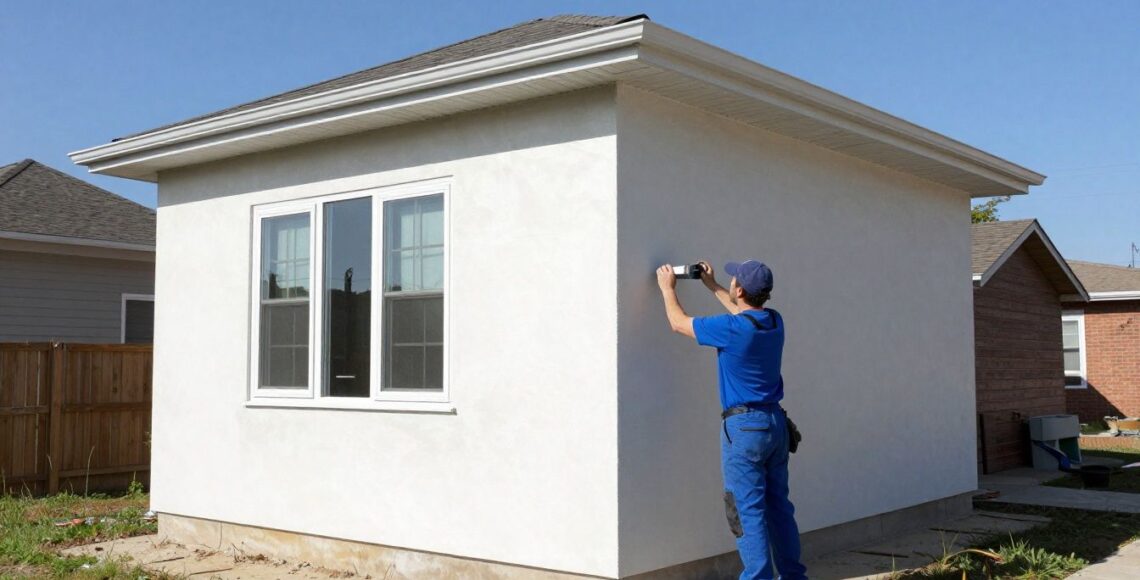 A professional stucco contractor inspecting the exterior wall of a residential home in the Chicago suburbs