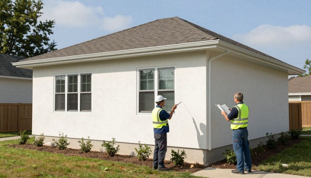 A professional construction expert inspecting a clean and durable synthetic stucco exterior on a residential home in a suburban setting