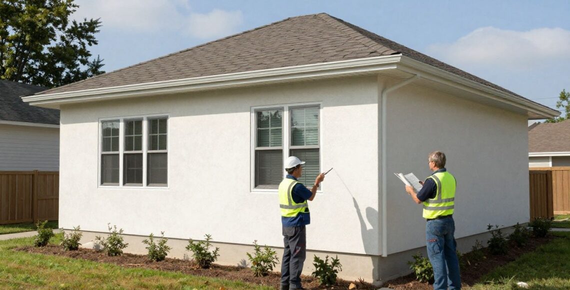 A professional construction expert inspecting a clean and durable synthetic stucco exterior on a residential home in a suburban setting