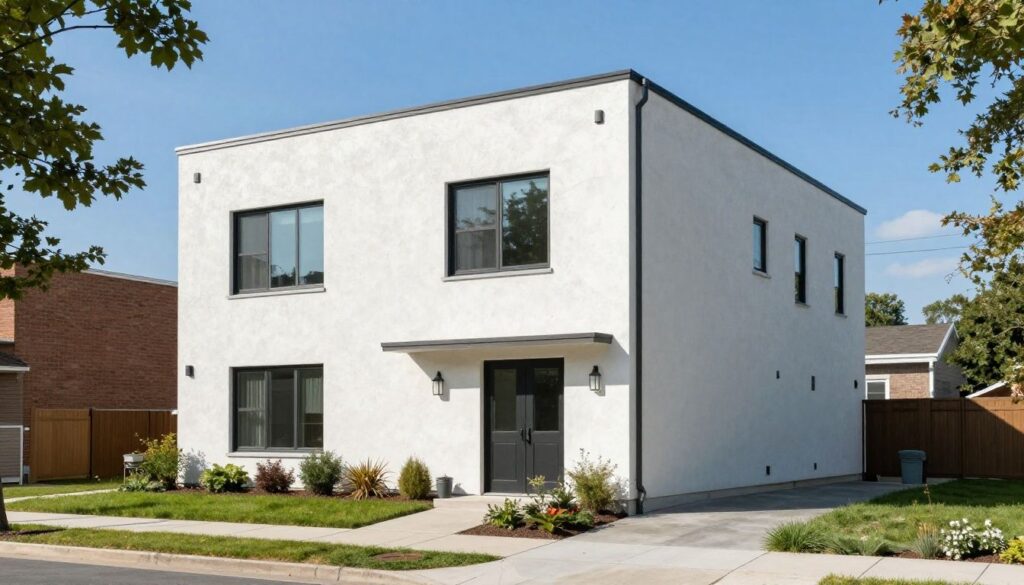 A bright and neatly painted modern stucco house in a Chicago suburb during a sunny day
