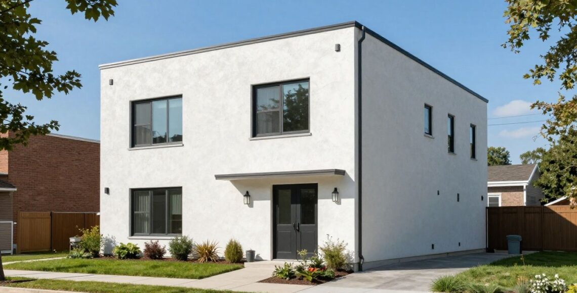 A bright and neatly painted modern stucco house in a Chicago suburb during a sunny day