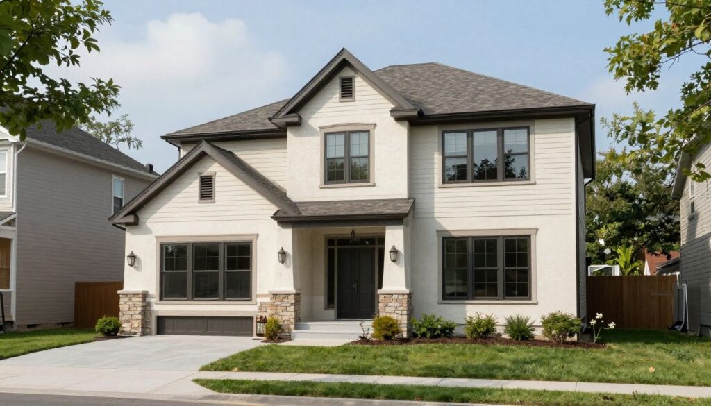 A clean, modern residential home with high-quality stucco siding and a well-maintained exterior in the Chicago suburbs.