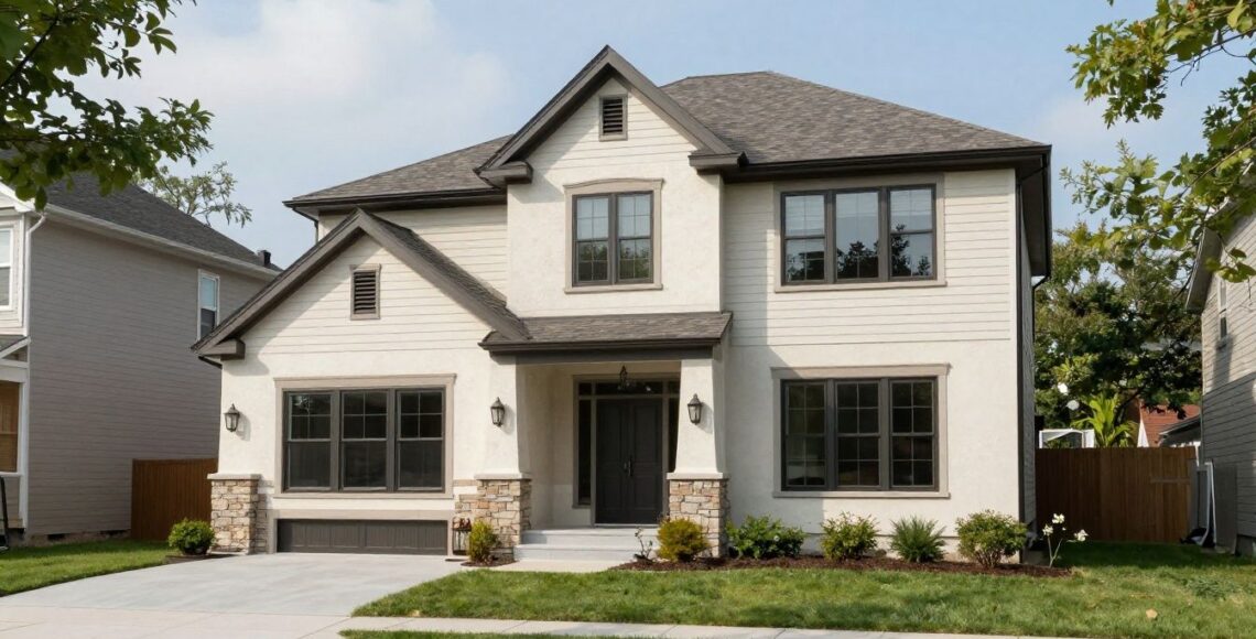 A clean, modern residential home with high-quality stucco siding and a well-maintained exterior in the Chicago suburbs.