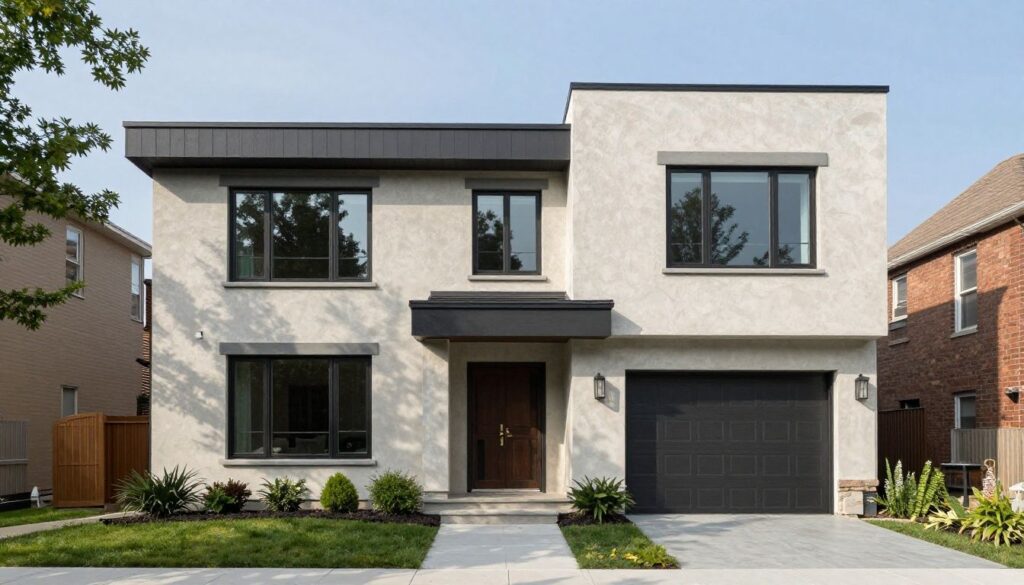 A beautiful, modern residential home in the Chicago area with a pristine, freshly restored stucco exterior.