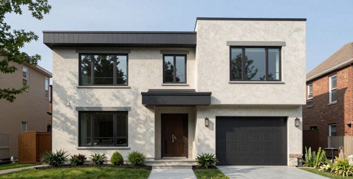 A beautiful, modern residential home in the Chicago area with a pristine, freshly restored stucco exterior.