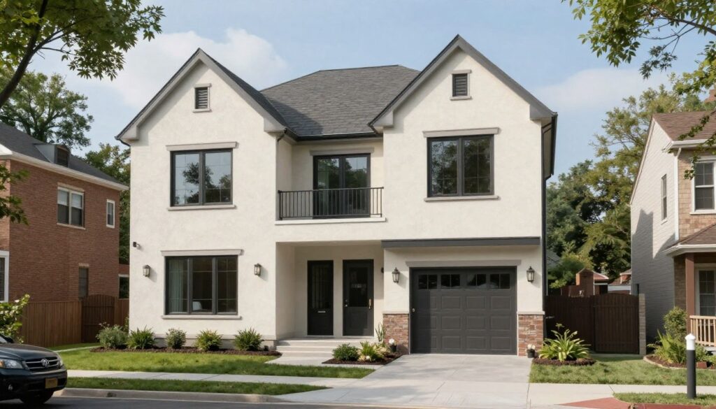 A professional and modern residential house with high-quality stucco finish in a suburban Chicago setting