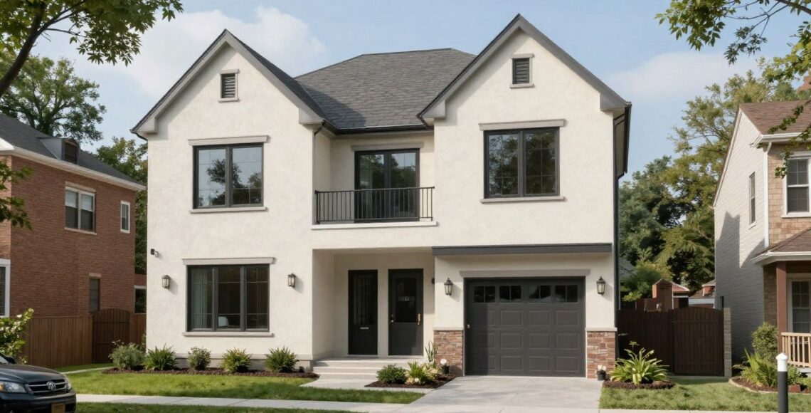 A professional and modern residential house with high-quality stucco finish in a suburban Chicago setting