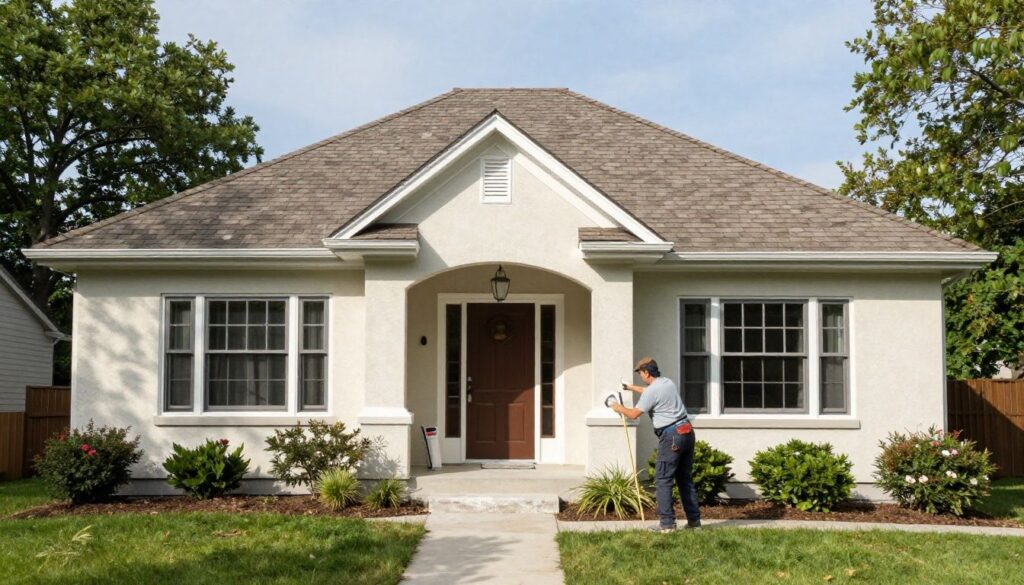 A professional contractor applying high-quality stucco to the exterior of a charming residential home in the Chicago area