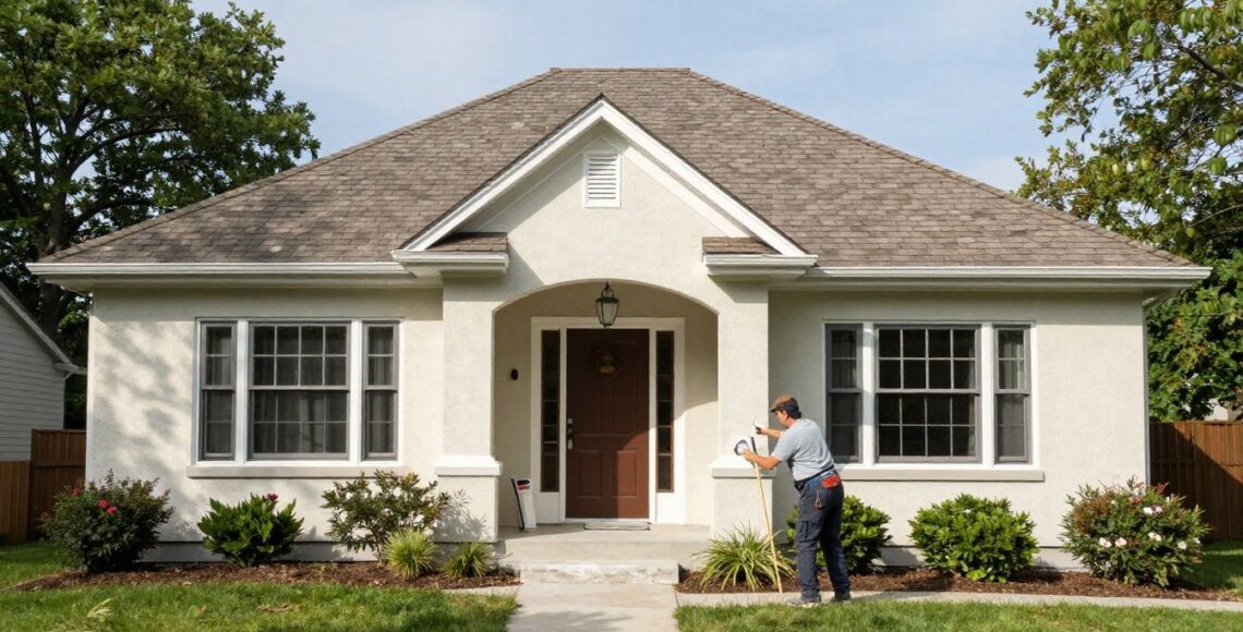 A professional contractor applying high-quality stucco to the exterior of a charming residential home in the Chicago area