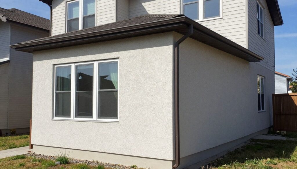A modern residential home in the Chicago area featuring clean, well-maintained stucco siding, captured during a bright, clear day, showcasing the texture and quality of the exterior finish.