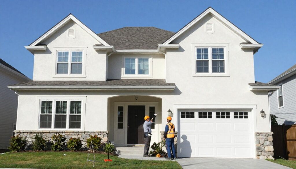 A professional contractor inspecting the stucco exterior of a beautiful Chicagoland residential home on a clear day.