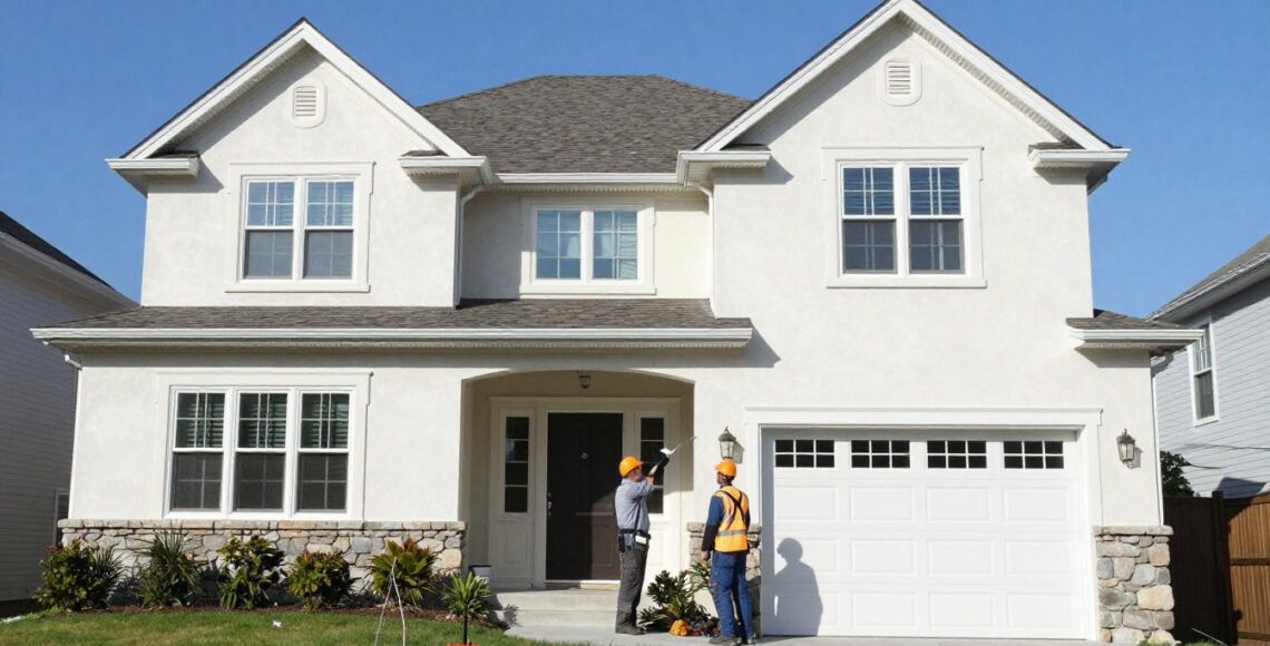 A professional contractor inspecting the stucco exterior of a beautiful Chicagoland residential home on a clear day.