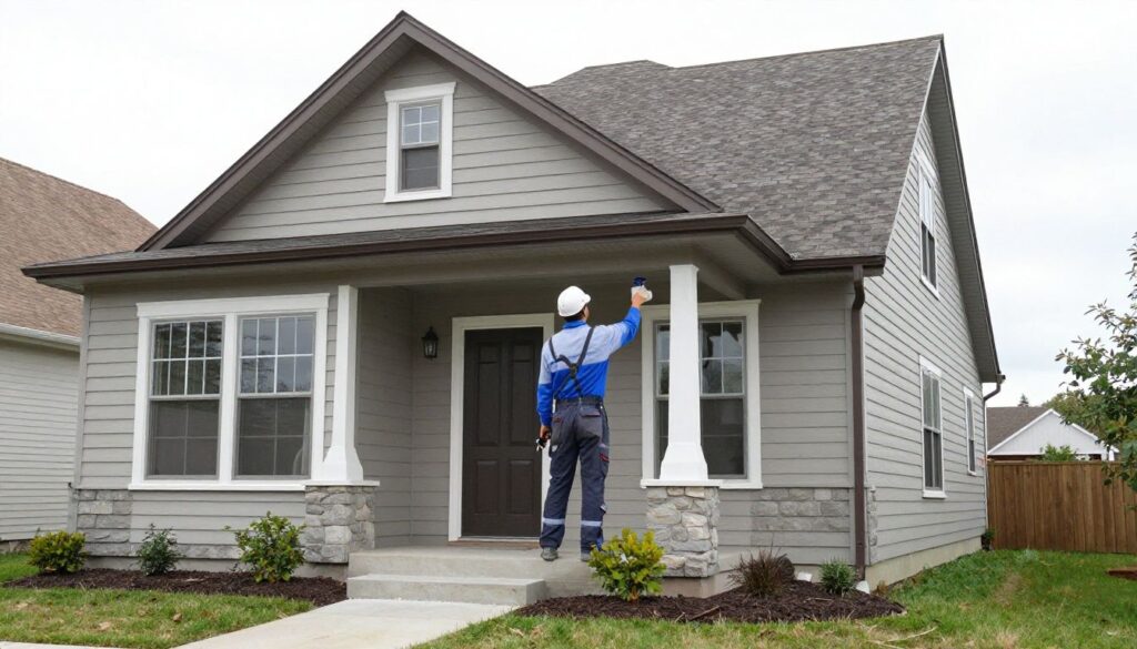 A professional stucco contractor inspecting a beautiful residential home exterior to provide an accurate estimate for repair.