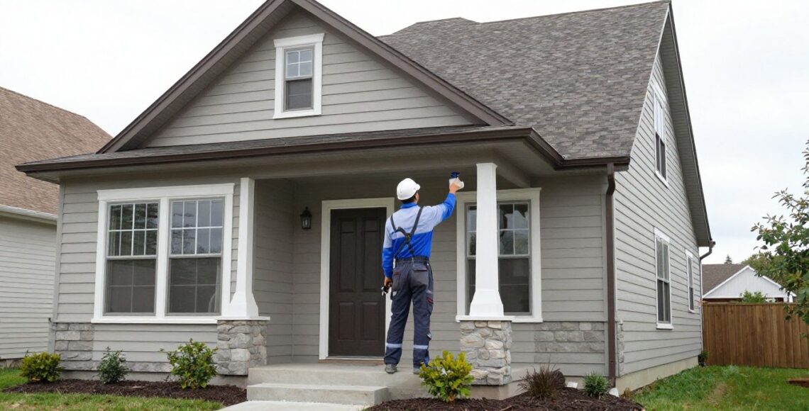 A professional stucco contractor inspecting a beautiful residential home exterior to provide an accurate estimate for repair.