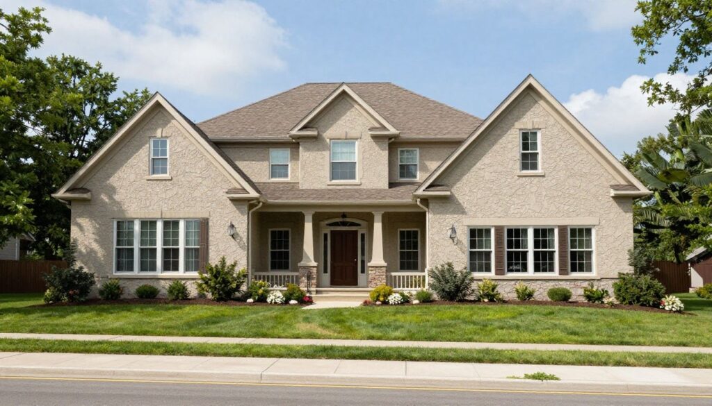 A beautiful suburban home in Chicagoland showcasing a high-quality, durable stucco finish and manicured landscaping