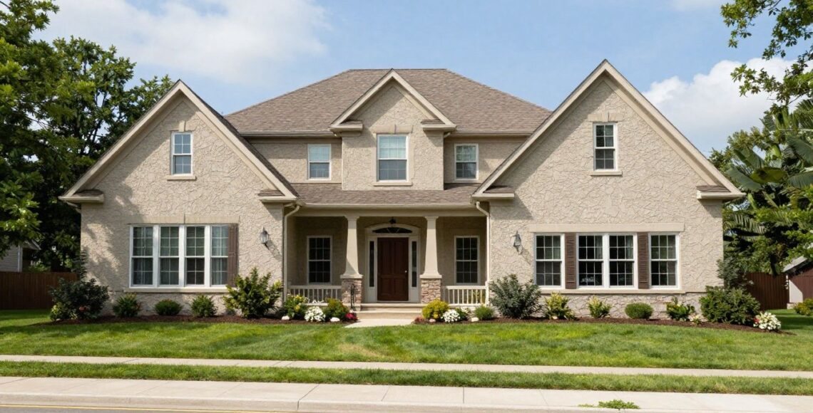 A beautiful suburban home in Chicagoland showcasing a high-quality, durable stucco finish and manicured landscaping