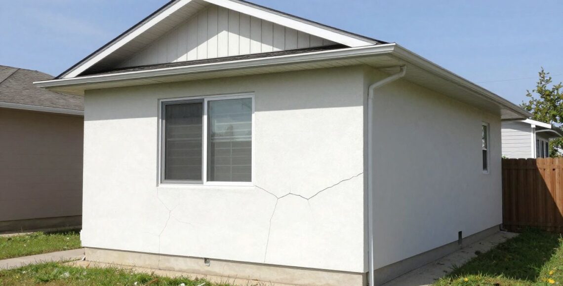 Photorealistic residential stucco home in suburban Chicago showing visible exterior cracks near a window, natural daylight, realistic proportions, no people, no text, no logos, no artificial aesthetic