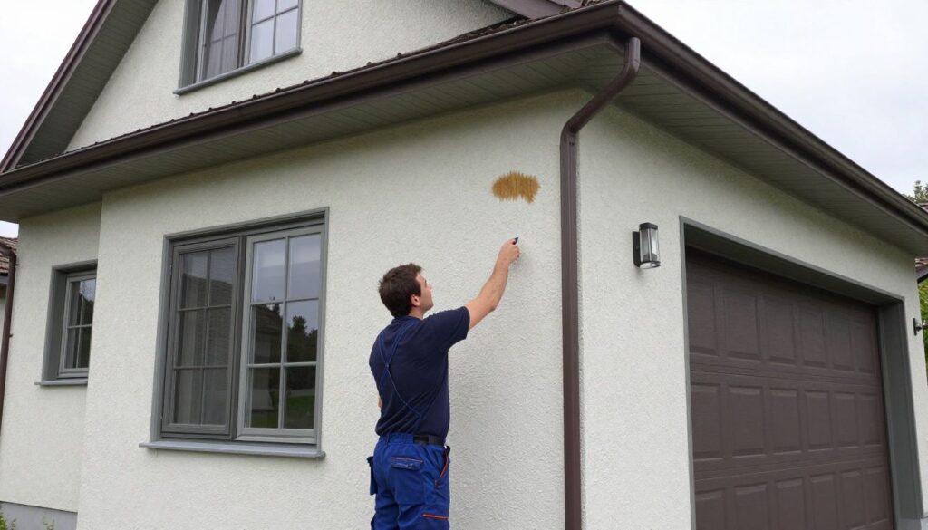 A photorealistic residential stucco home in Lake Zurich with a contractor inspecting a small water stain and repaired exterior wall, natural daylight, no text or logos