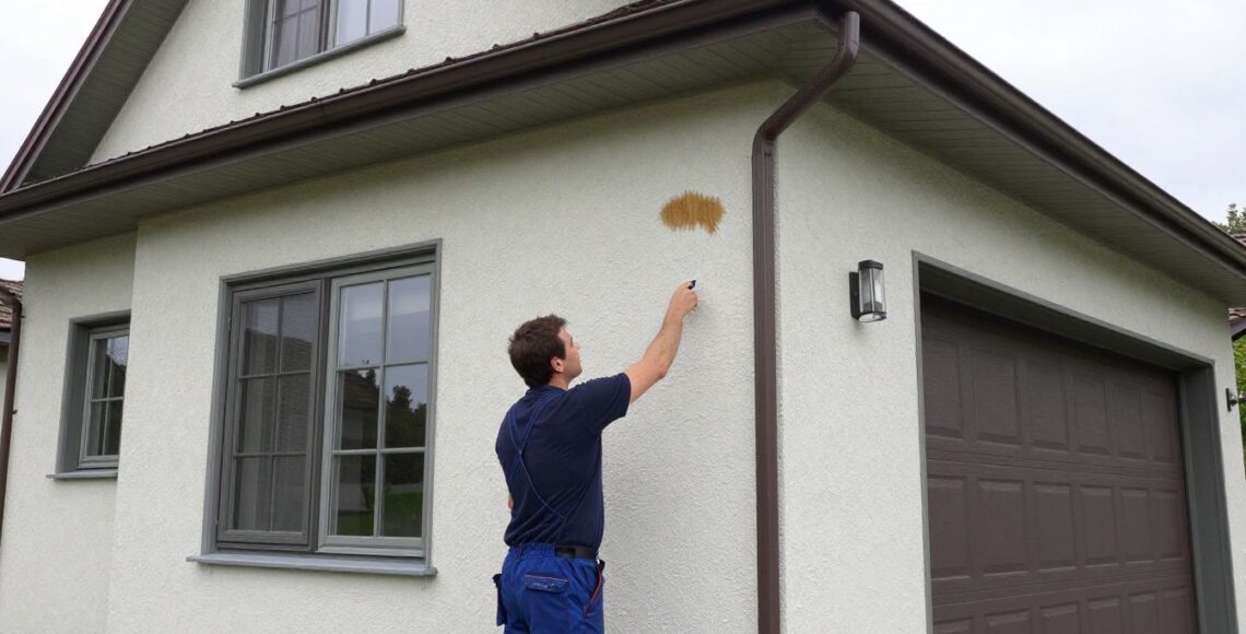 A photorealistic residential stucco home in Lake Zurich with a contractor inspecting a small water stain and repaired exterior wall, natural daylight, no text or logos