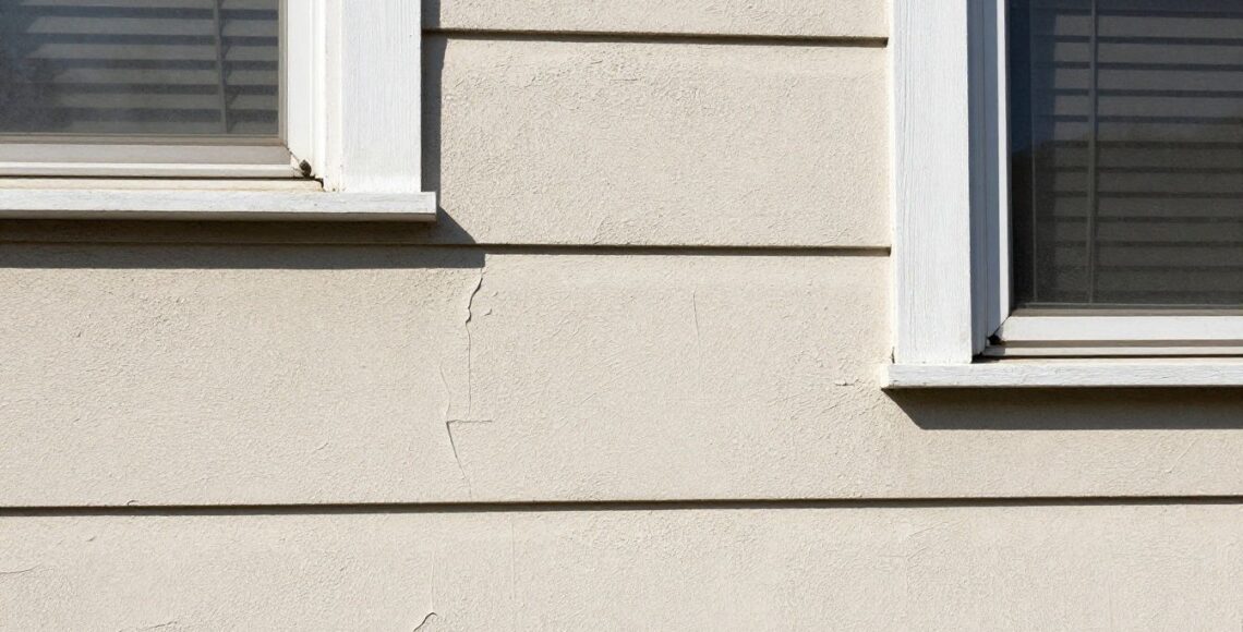 Photorealistic residential stucco exterior in a Chicagoland neighborhood showing a small area of bubbling and peeling finish near a window, natural daylight, no text or logos, realistic materials and gravity-respecting details