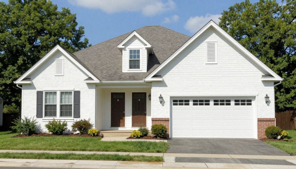Photorealistic residential stucco home in Winnetka, Illinois, showing a clean repaired exterior with natural daylight, realistic textures, no people, no text, and no logos