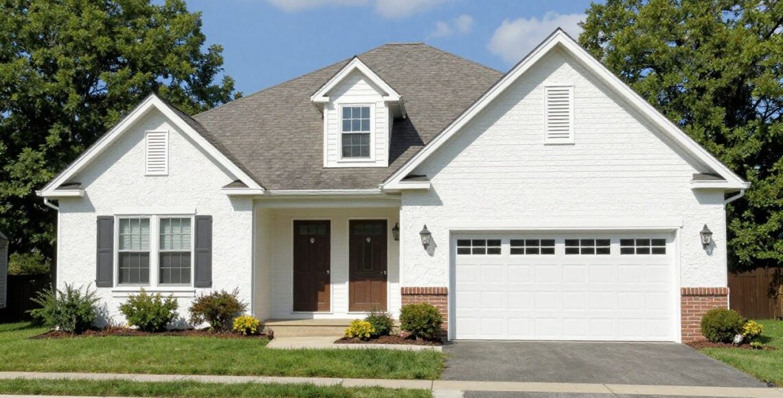 Photorealistic residential stucco home in Winnetka, Illinois, showing a clean repaired exterior with natural daylight, realistic textures, no people, no text, and no logos