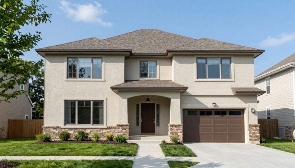 Photorealistic residential Chicagoland home showing a traditional textured stucco exterior beside a smooth synthetic EIFS exterior, natural daylight, no text or logos
