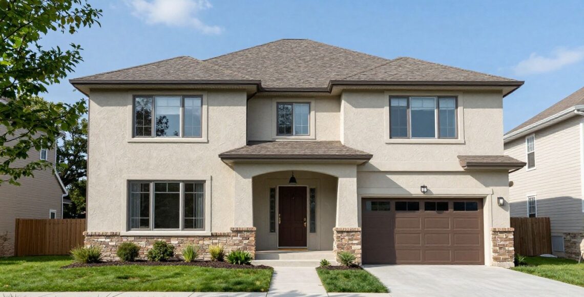 Photorealistic residential Chicagoland home showing a traditional textured stucco exterior beside a smooth synthetic EIFS exterior, natural daylight, no text or logos